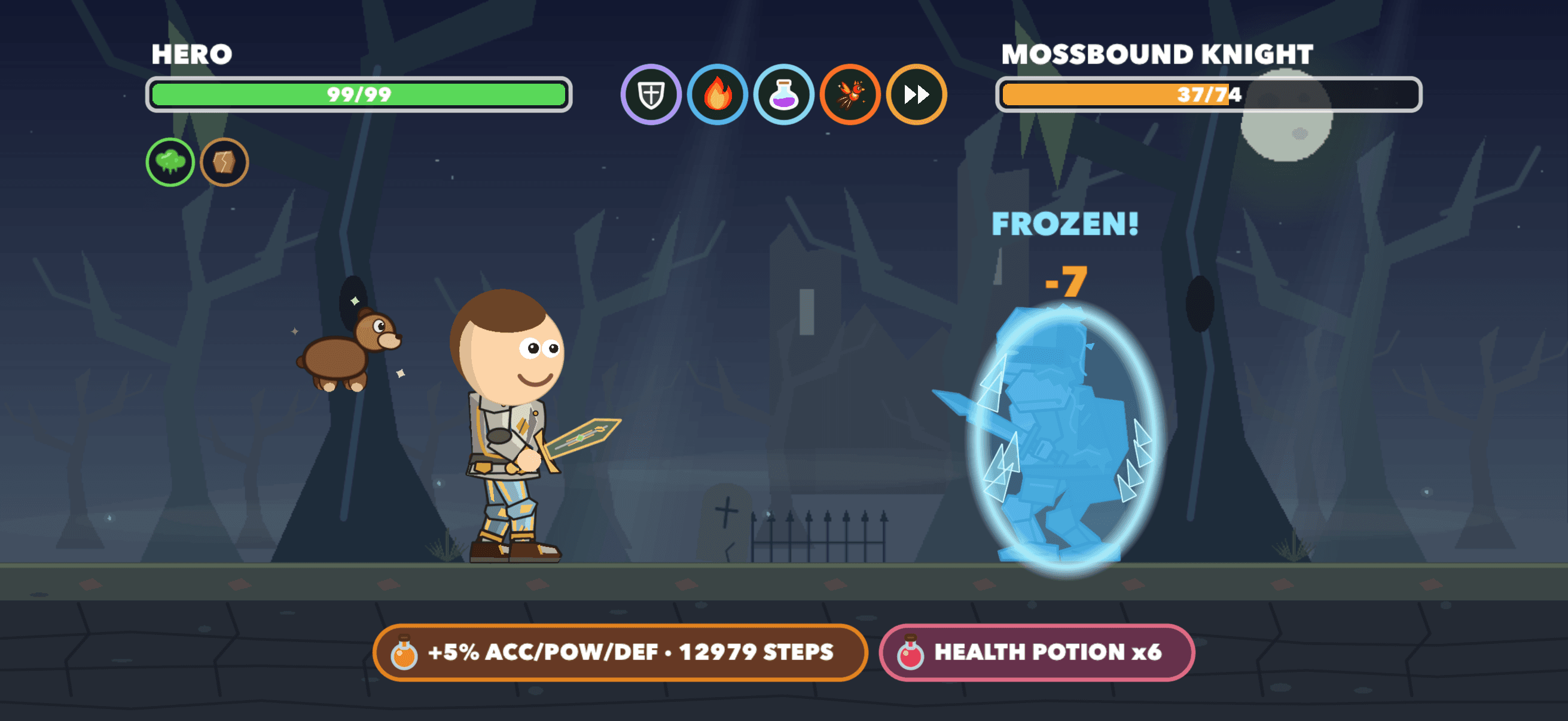Step Warriors battle with the hero facing a frozen Mossbound Knight in the Haunted Woods